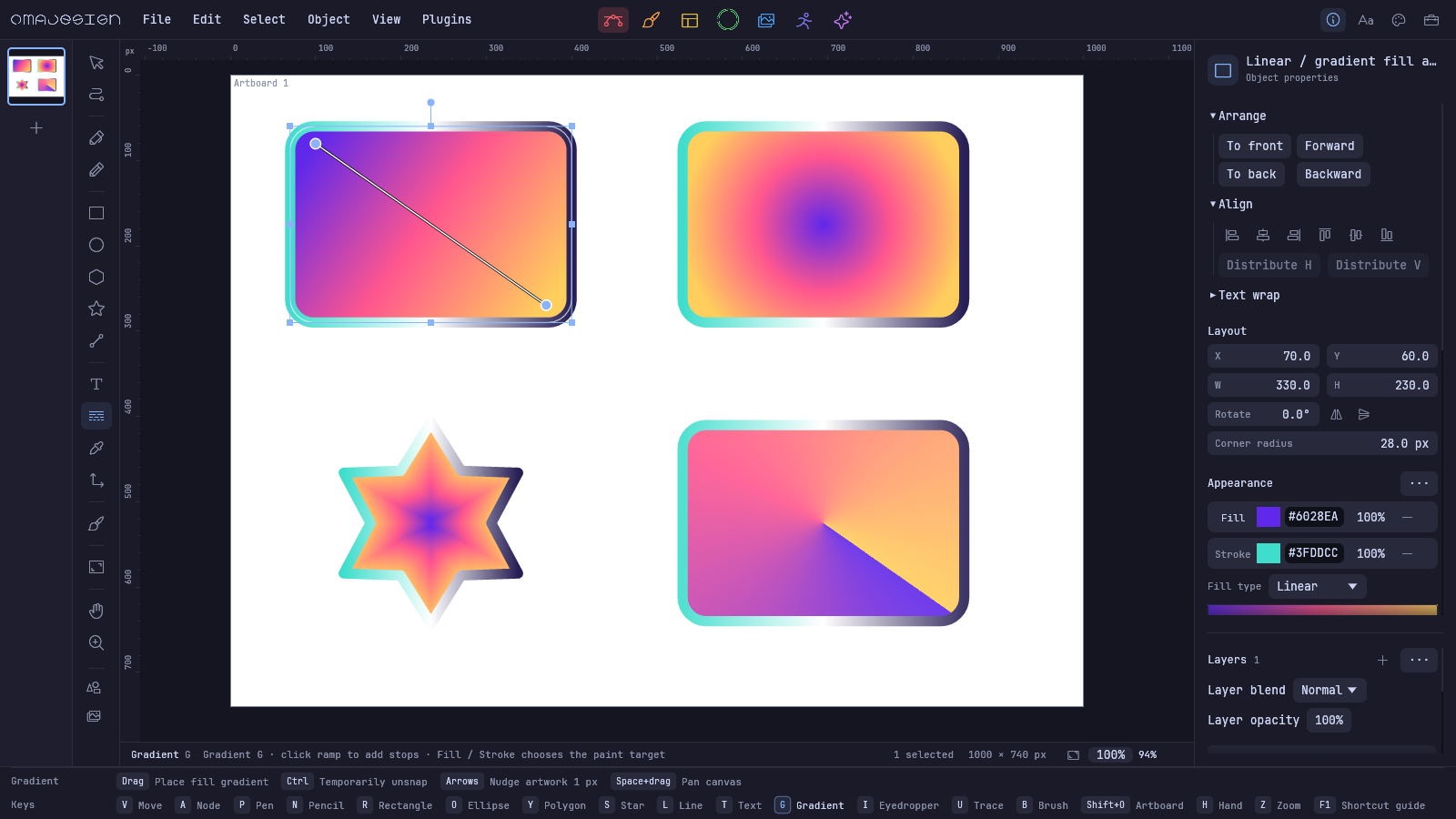 Four gradient families. Fill and stroke. Captured from the native Omadesign workspace.