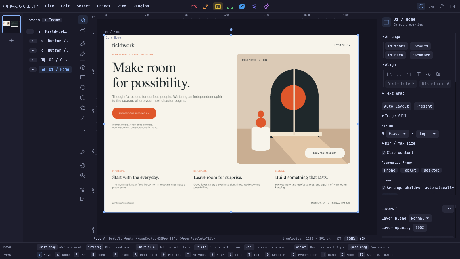 Native Layout workspace with responsive frames and components.