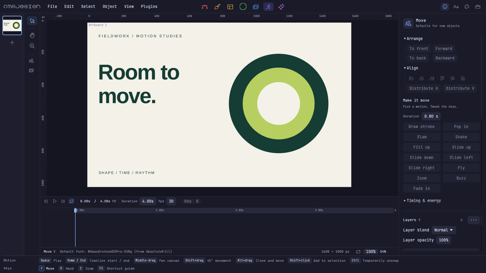 Native Motion workspace with editable animation presets.