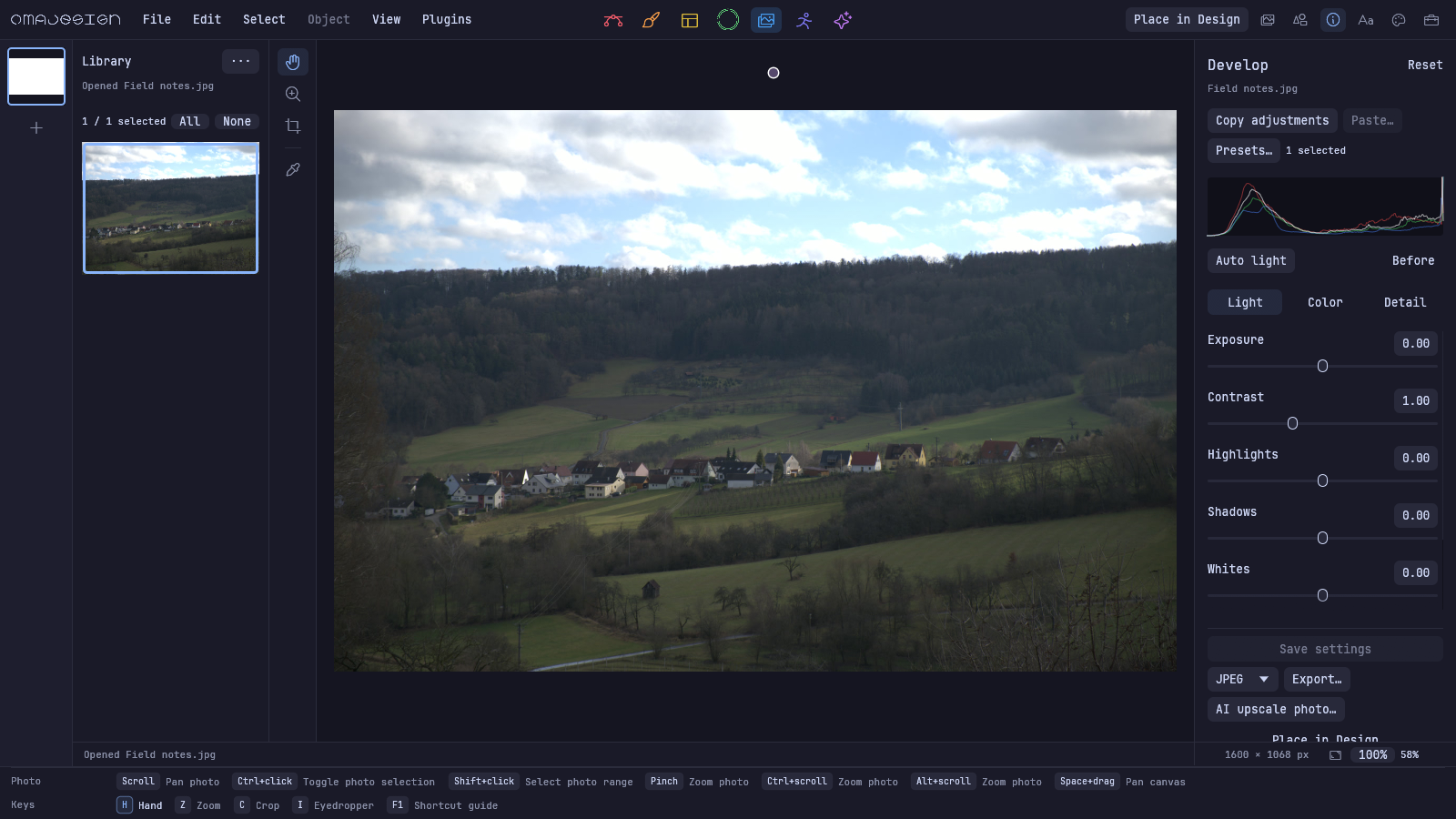 Native Omadesign Photo workspace showing a generated landscape and development controls.