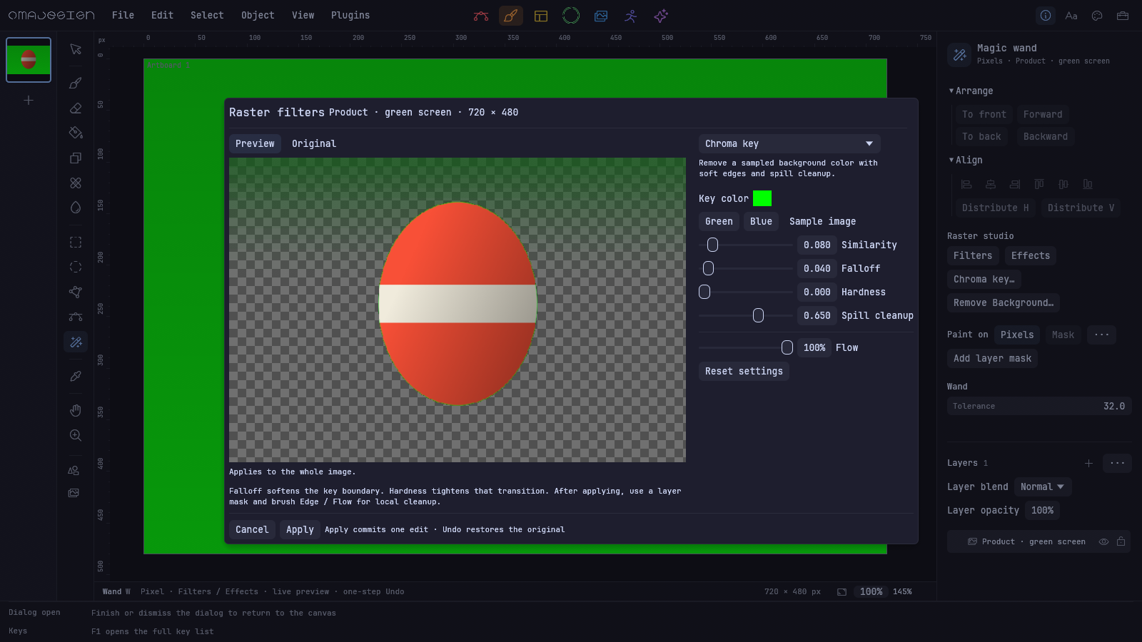 Native Pixel workspace showing chroma key and raster treatments.